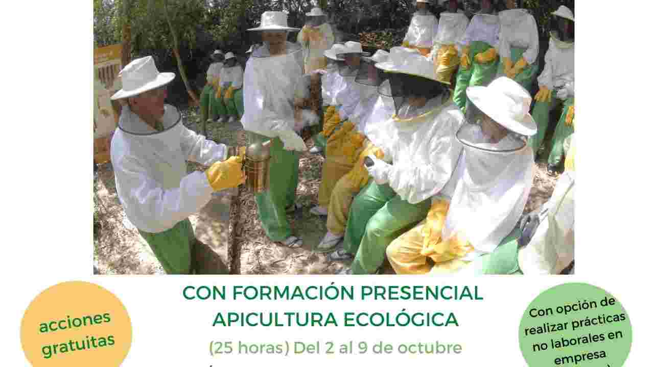 cartel con foto de grupo de personas apicultores trabajando 
