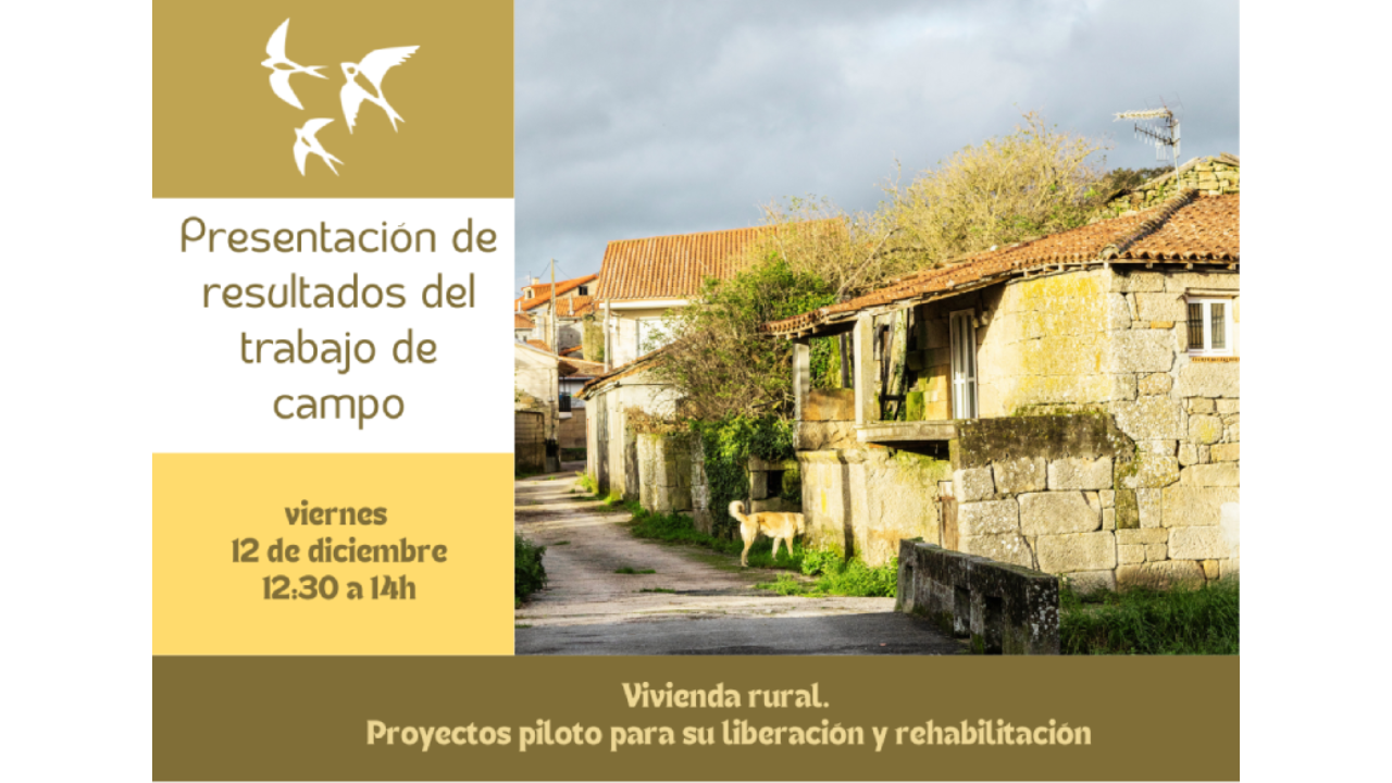 Infografía con unas casas de un pueblo y presentación de resultados del trabajo de campo 