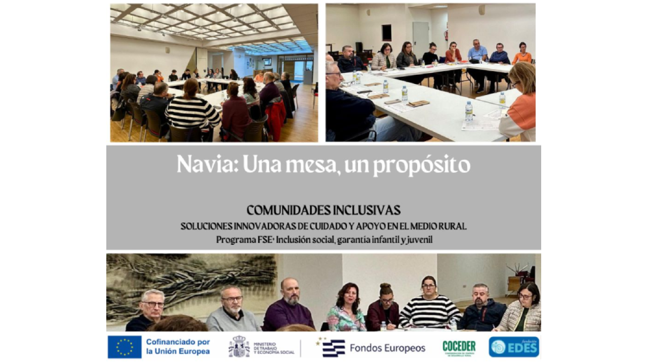 Un collage de tres fotos con gente reunida en torno a una mesa y el título Navia: una mesa, un propósito
