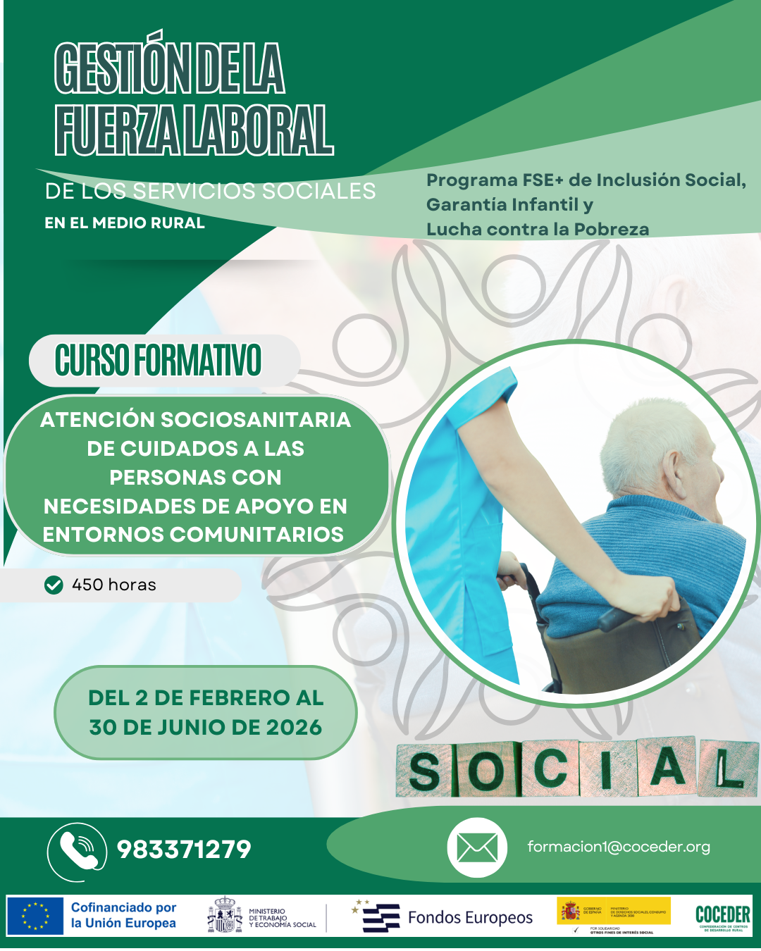 Cartel del curso atención sociosanitaria de Fuerza laboral Programa Fse+