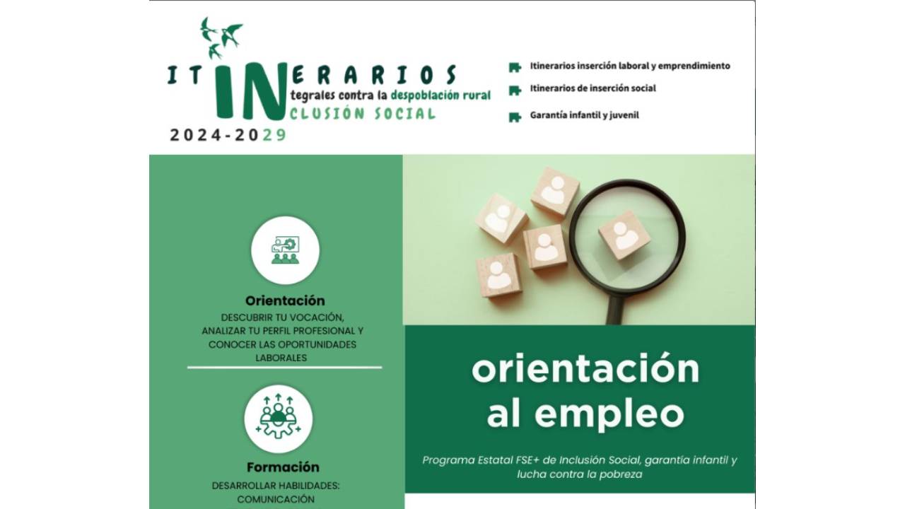 Infografía sobre los itinerarios con una lupa y pone orientación al empleo
