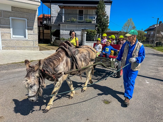 un hombre tira de un burro con un carro con niños