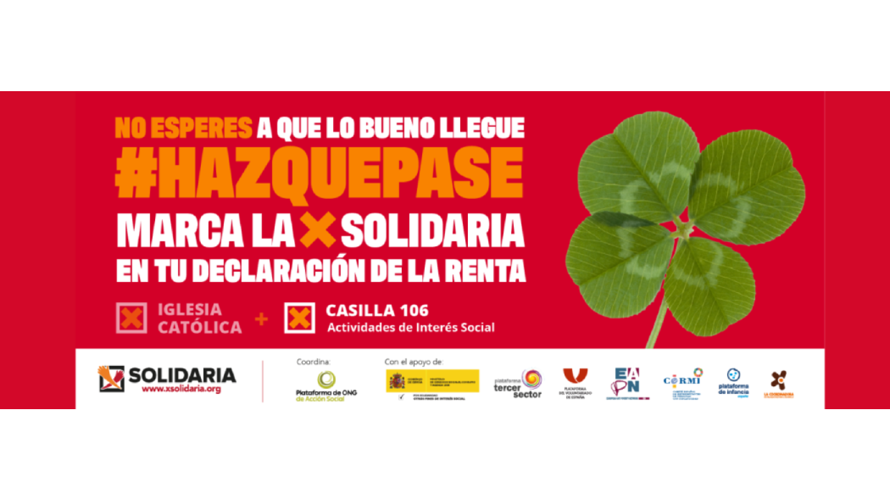 Cartel de la campaña marca la X Solidaria con un trébol y el lema "no esperes a que lo bueno llegue, haz que pase". 