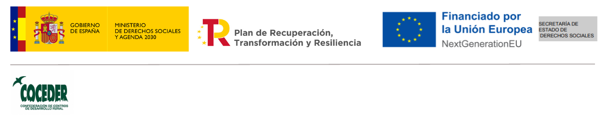 logotipos Gobierno de España Ministerio de Derechos Sociales y Agenda 2030, Plan de Recuperación Transformación y Resiliencia, Financiado por la Unión Europea NextGenerationEU, Secretaría de Estado de Derechos Sociales, COCEDER 