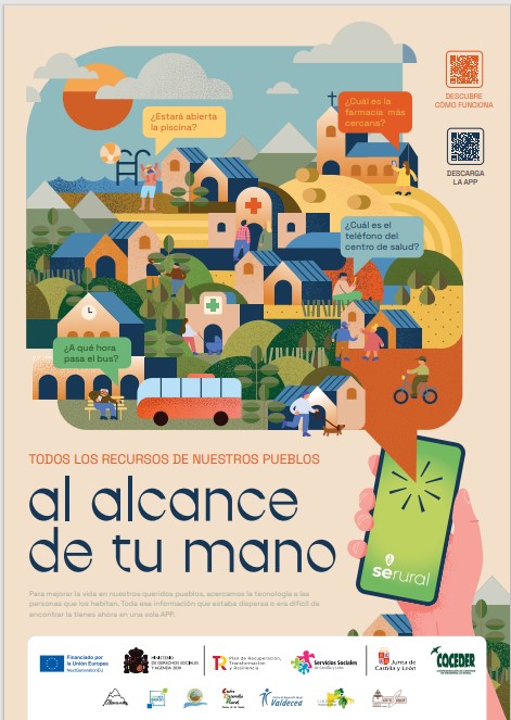 cartel con un dibujo de un pueblo y un móvil todos los recursos de nuestros pueblos al alcance de tu mano