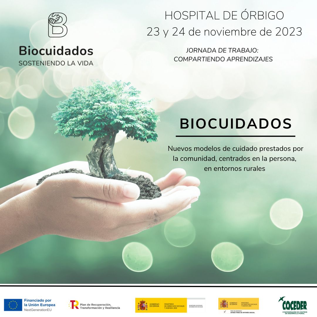 cartel verde con una mano sujetando un bonsai Biocuidados Hospital de Órbigo