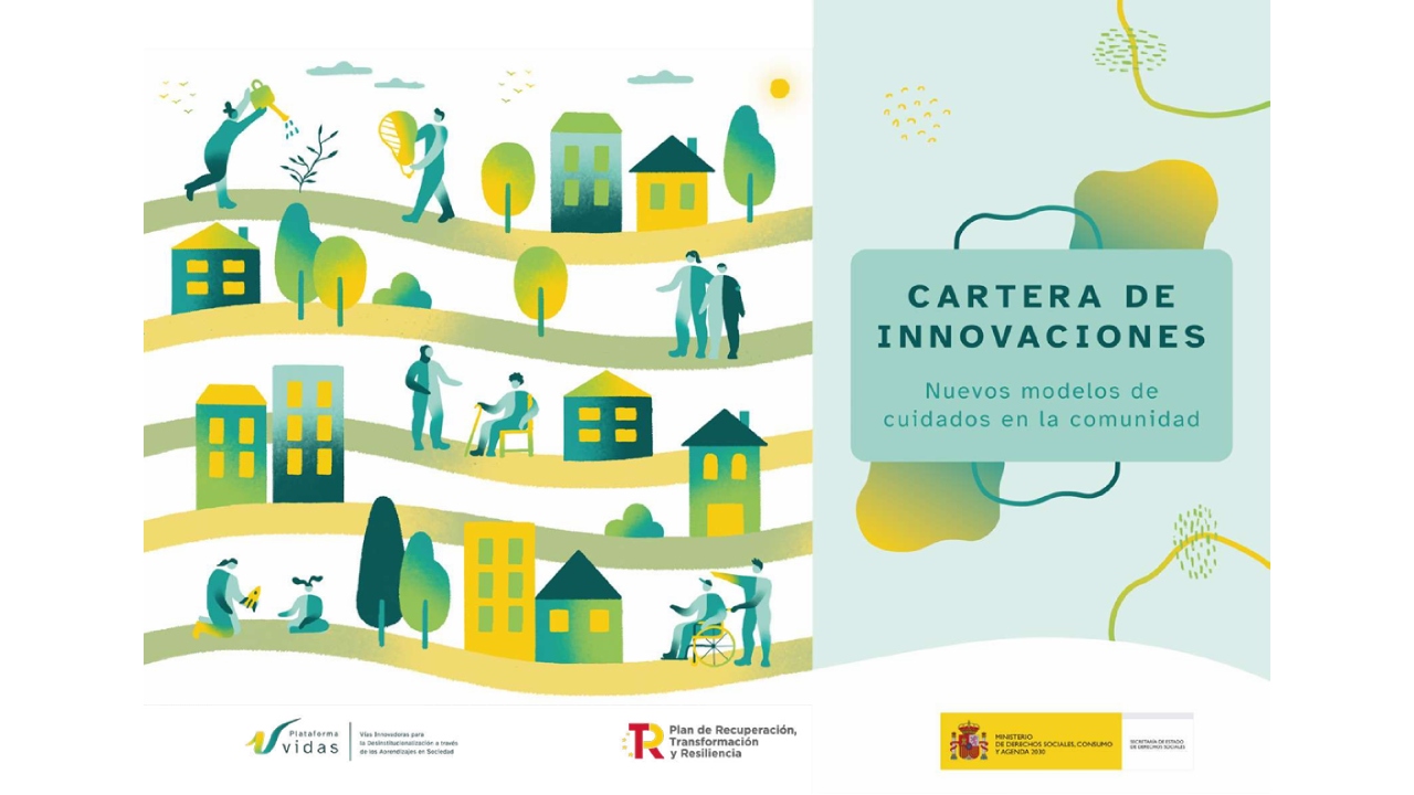 Portada con ilustraciones de personas, casas y paisajes y el título Cartera de innovaciones nuevos modelos de cuidados en la comunidad