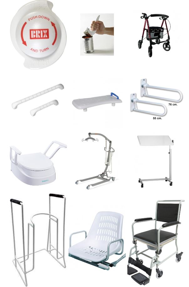 Algunas de las ayudas del banco como silla de ruedas, un alzador para el wc, un asiento para bañera