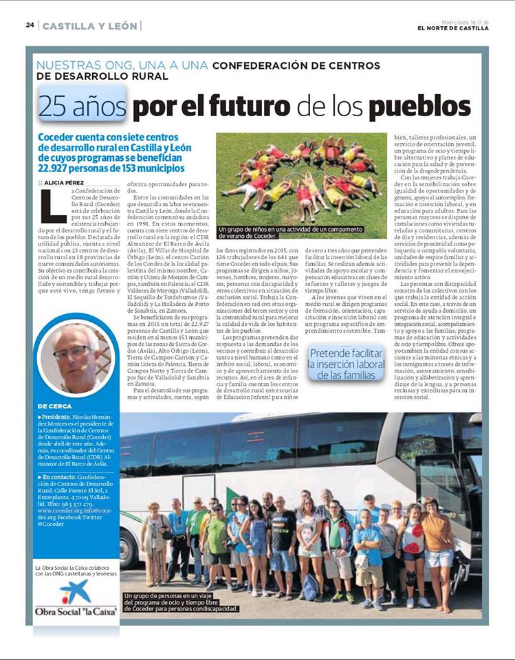 Pagina del periódico del Norte de Castilla y León con el artículo  años por el futuro de los pueblos