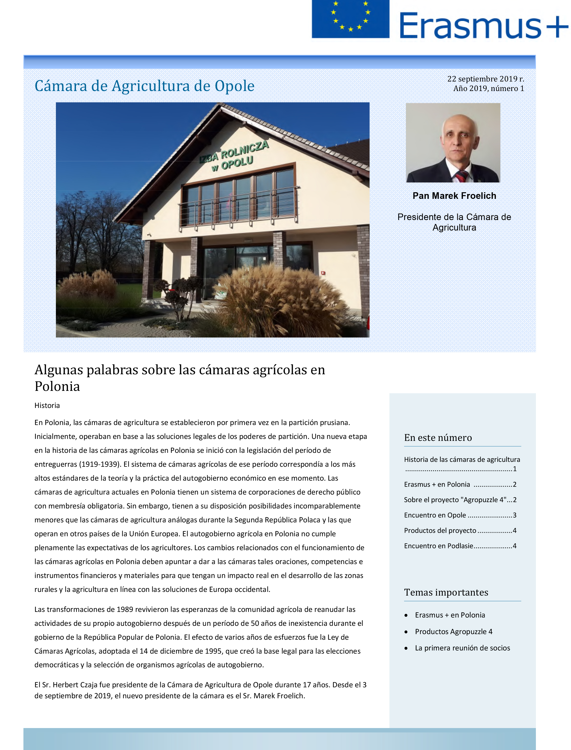 Página de la revista con artículo de la cámara agraria Opole