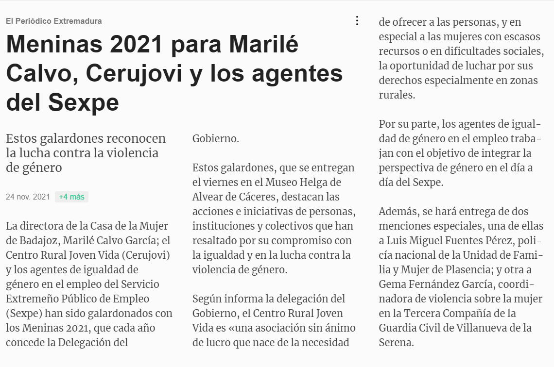 Artículo del periódico de Extremadura con el premio dado a Cerujovi