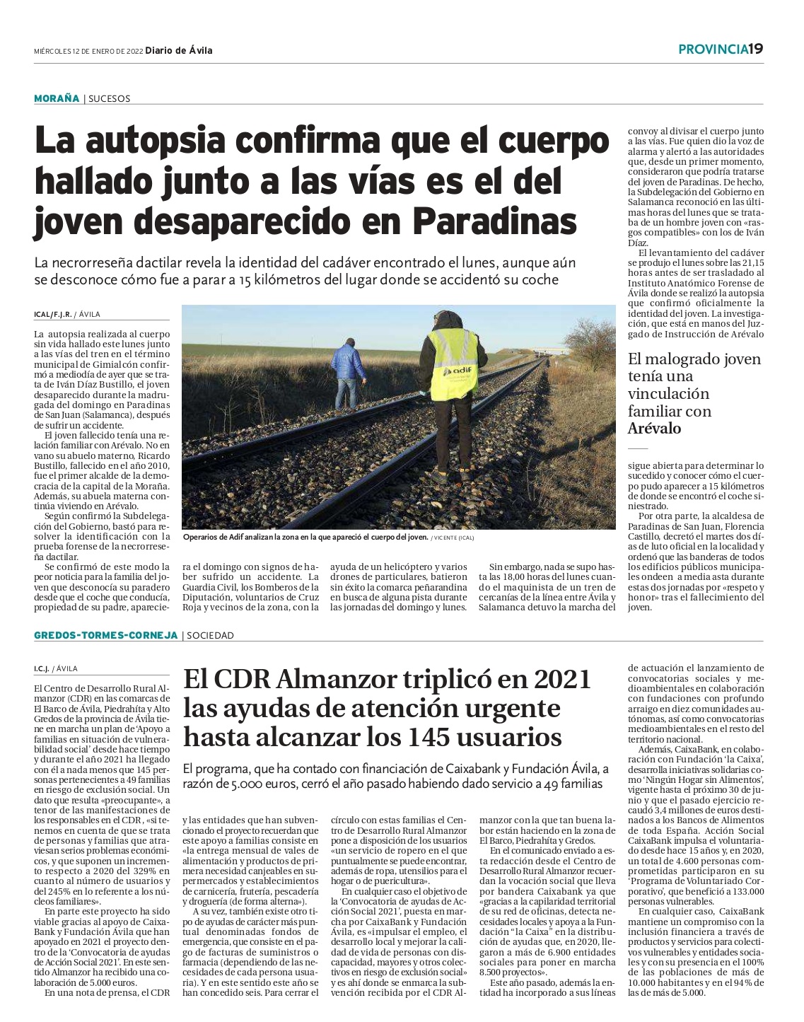 Página del periódico Diario de Ávila con el artículo de atención urgente de CDR Almanzor