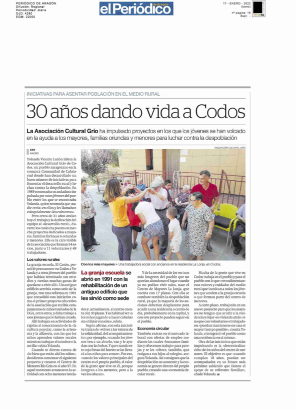 Página del periódico de Aragón con el artículo de los 30 años de Asociación Cultural Grío