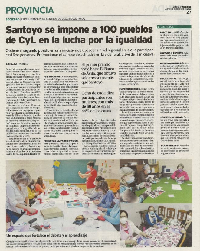 Página del periódico Diario Palentino con el artículo del proyecto de Mi pueblo por la igualdad