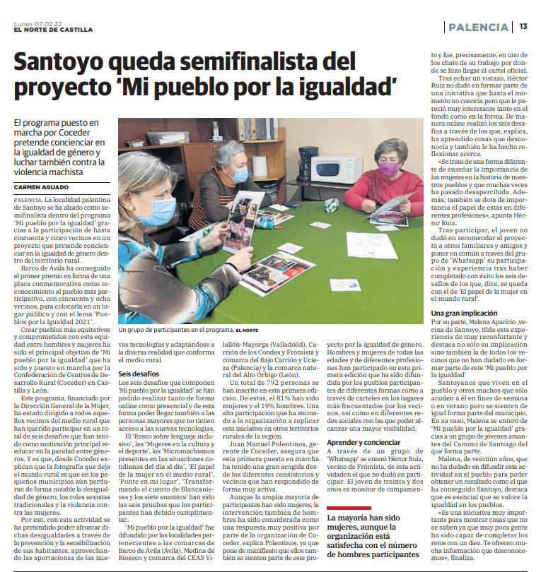 Página del periódico de El Norte de Castilla Palencia anunciando la segunda posición de Santoyo en el proyecto de Mi pueblo por la igualdad