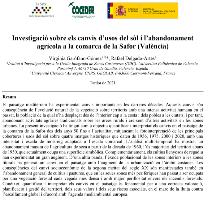 Resumen Investigació sobre els canvis d’usos del sòl i l’abandonament agrícola a la comarca de la Safor (València).