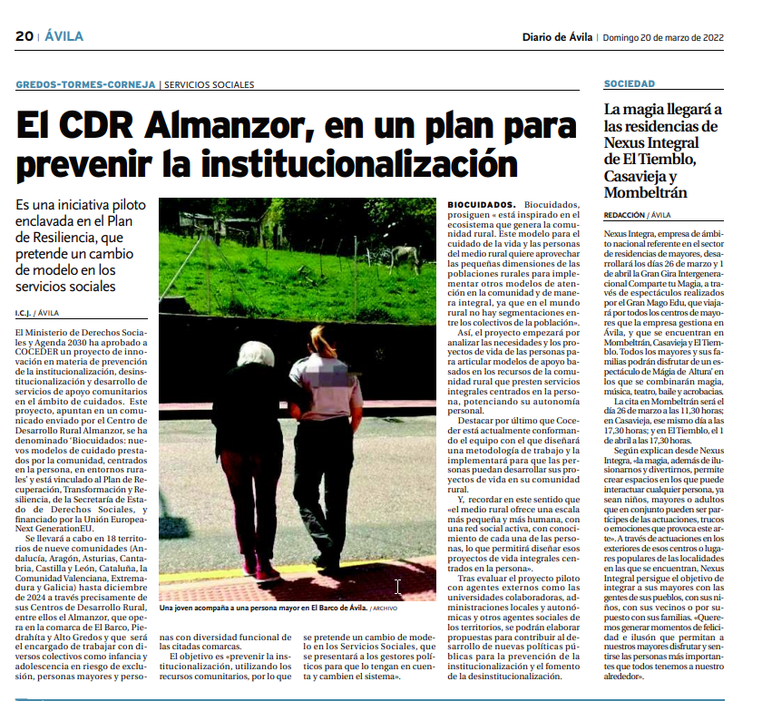 Página del periódico del Diario de Avila sobre el CDR Almanzor y el programa de Biocuidados