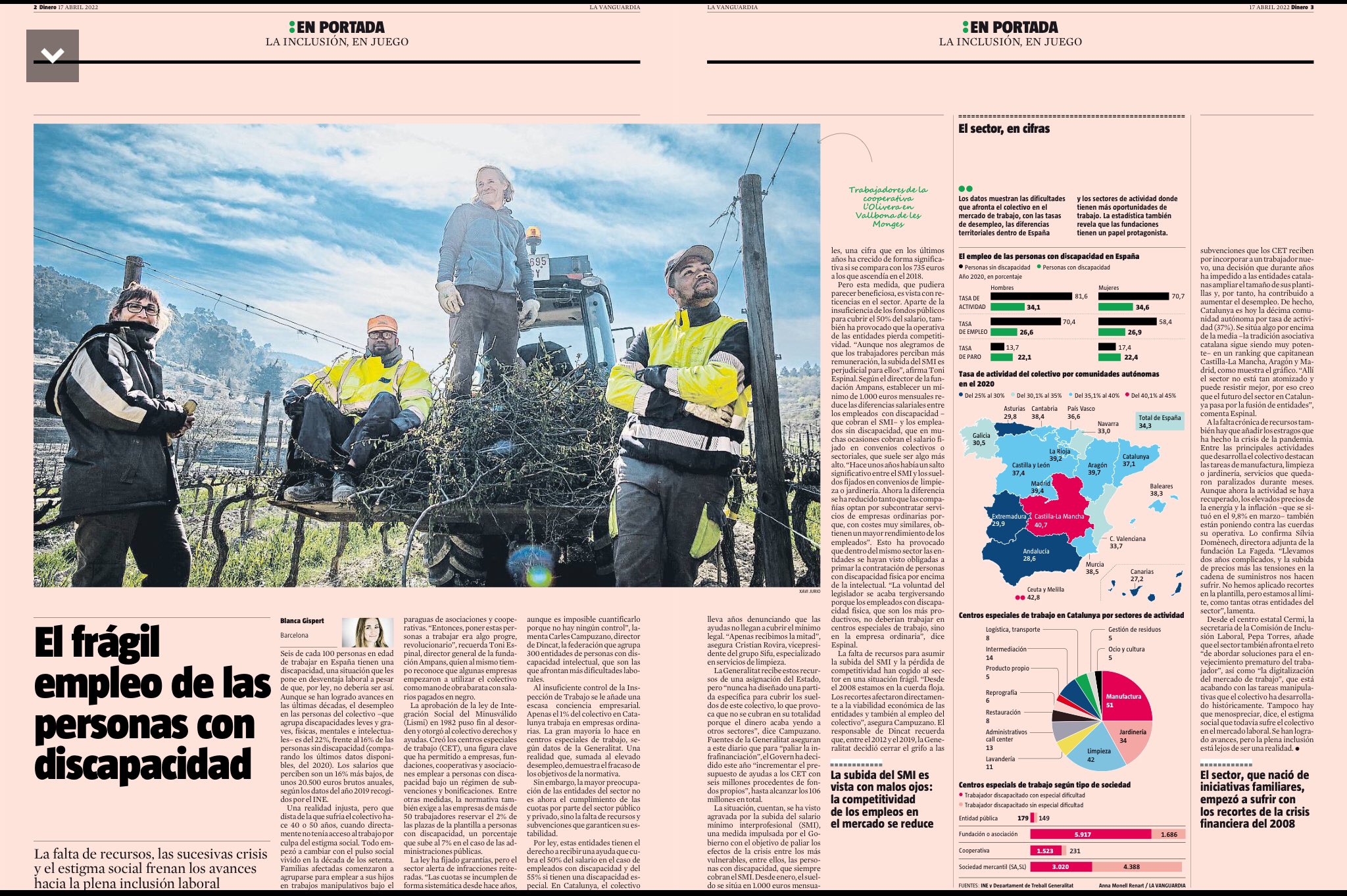 Paginas del periódico de La Vanguardia sobre los frágil empleo de las personas con discapacidad