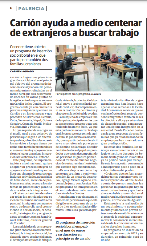 Pagina del periódico del Norte de Castilla de Palencia sobre la ayuda del CDR de Carrión de los condes a los inmigrantes