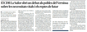 Artículo de periódico de Levante indicando El CDR La Safor abre un debate en los pueblos de Vernissa sobre las necesidades vitales y los retos del futuro