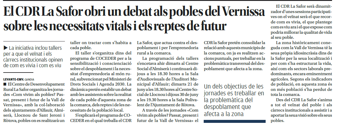 Artículo de periódico de Levante indicando El CDR La Safor abre un debate en los pueblos de Vernissa sobre las necesidades vitales y los retos del futuro