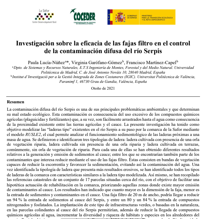 Resumen de La eficacia de las fajas filtro en el control de la contaminación difusa del río serpis.