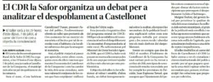Artículo del periódico de Levante anunciando el debate despoblación del CDR la Safor