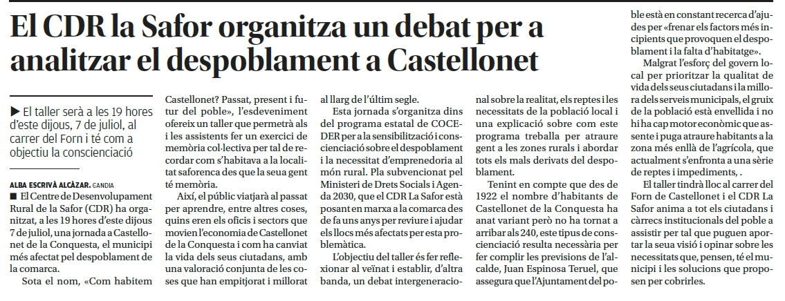 Artículo del periódico de Levante anunciando el debate despoblación del CDR la Safor