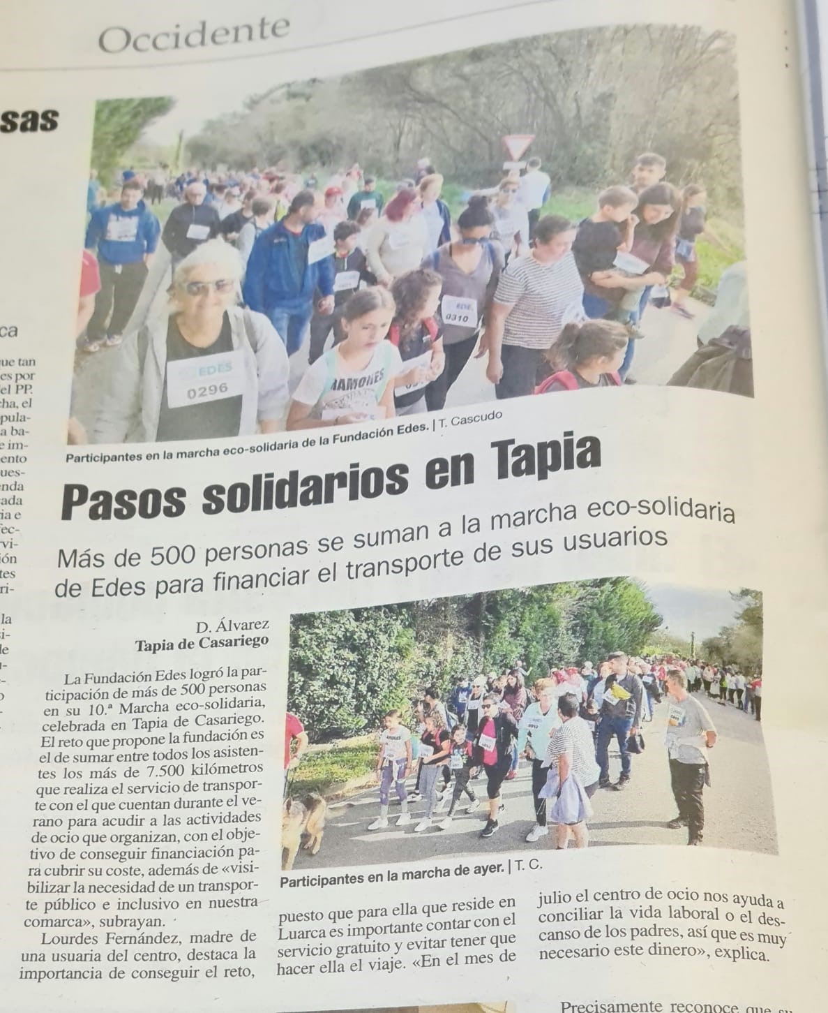 Página del periódico con la información de la marcha solidaria