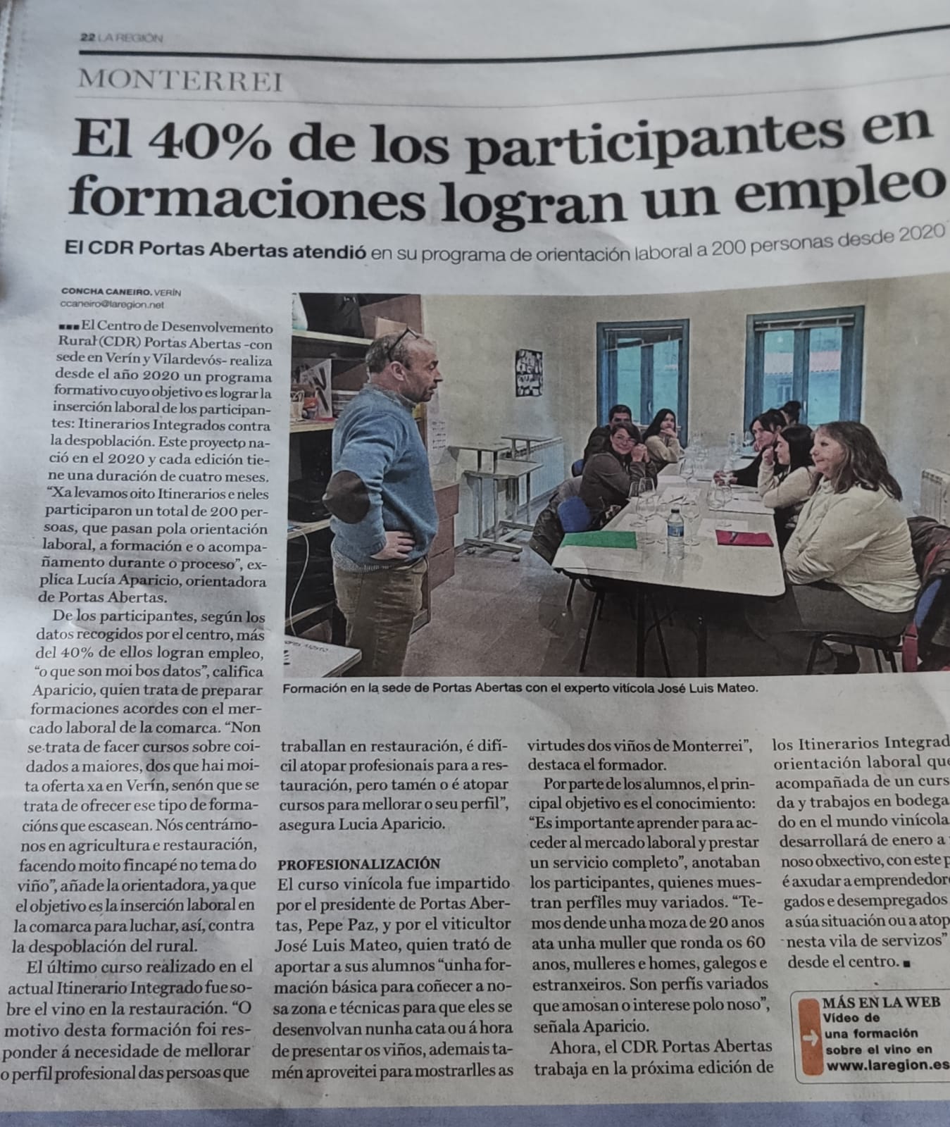 Página del periódico de la región con el  artículo de CDR Portas sobre los participantes que logran la inserción