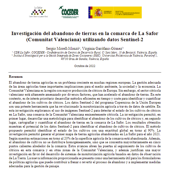 Recorte incluyendo un resumen Investigación del abandono de tierras en la comarca de La Safor (Comunitat Valenciana)