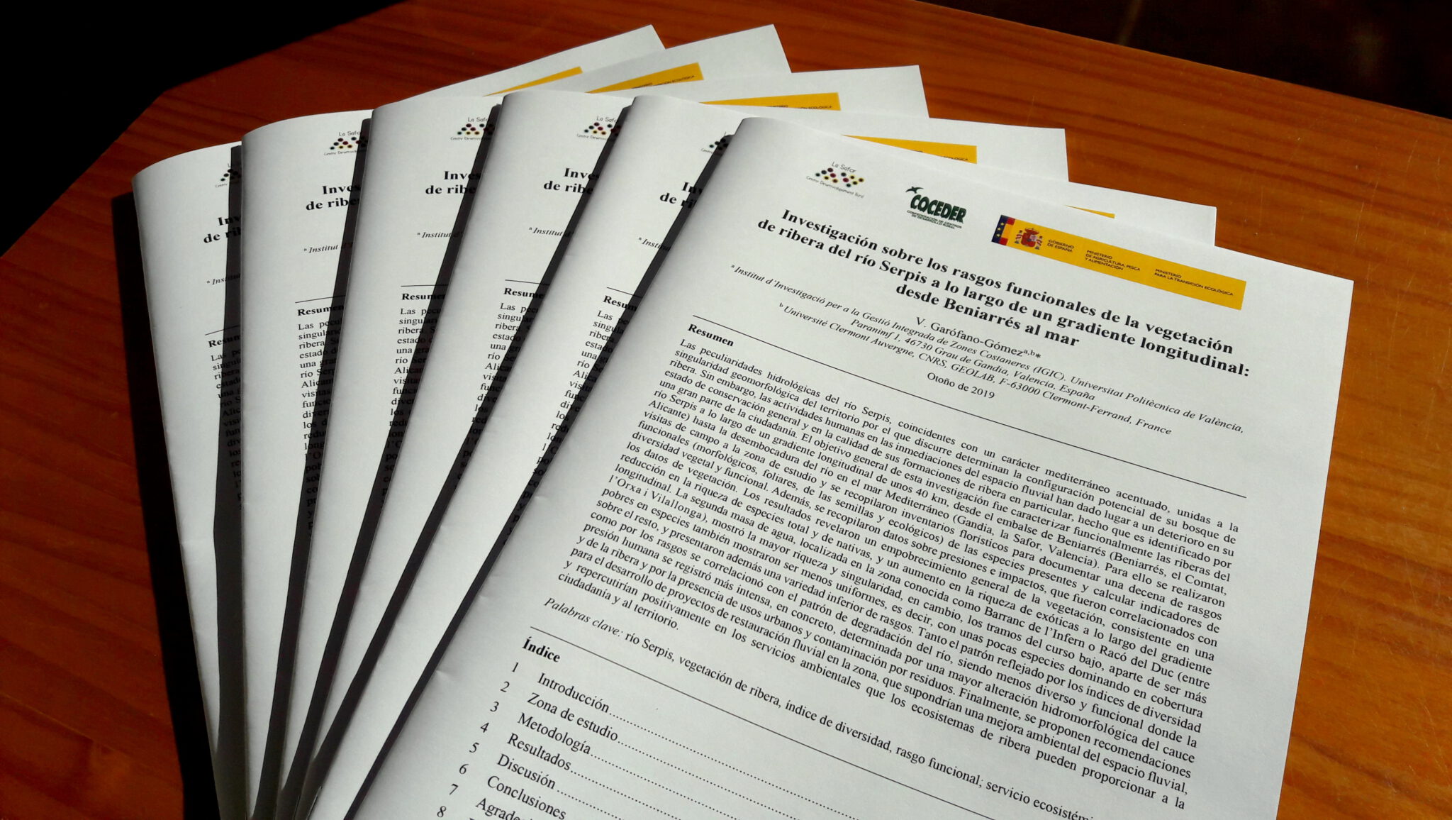Documentos sobre una mesa con Investigación sobre los rasgos funcionales de la vegetación de ribera del río Serpis