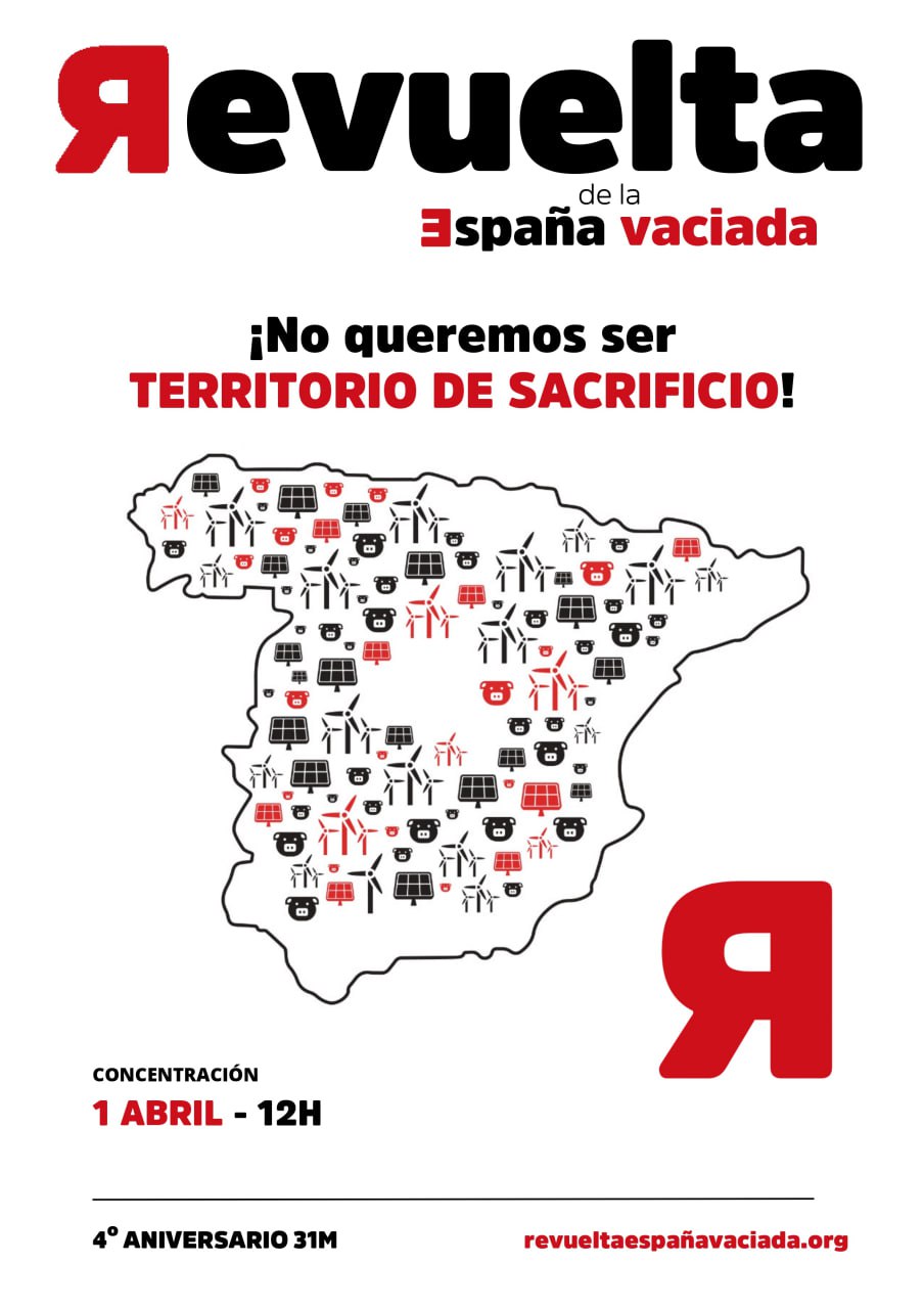 Cartel de la España vaciada, con los datos de la concentración y un mapa de España con símbolos de lo que existe en cada zona