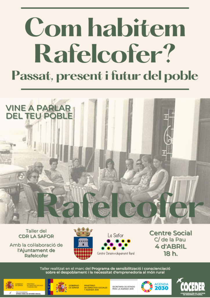 Cartel de anuncio del taller con las descripción del mismo y una foto antigua en blanco y negro de un grupo de personas sentadas en circulo en una puerta de una casa de un pueblo