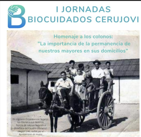 Cartel de I jornada de Biocuidados Cerujovi con un carro antiguo con mucha personas de diferentes edades