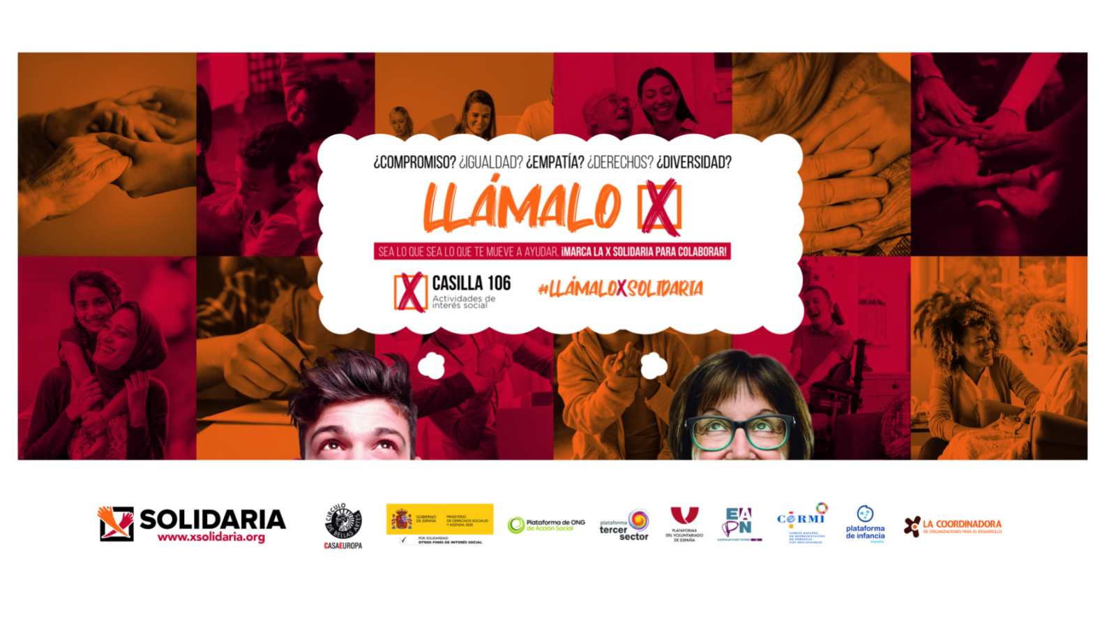 Cartel de la campaña de la X solidaria con muchas fotos de persona y la cabeza de un hombre y una mujer pensando en la X solidaria