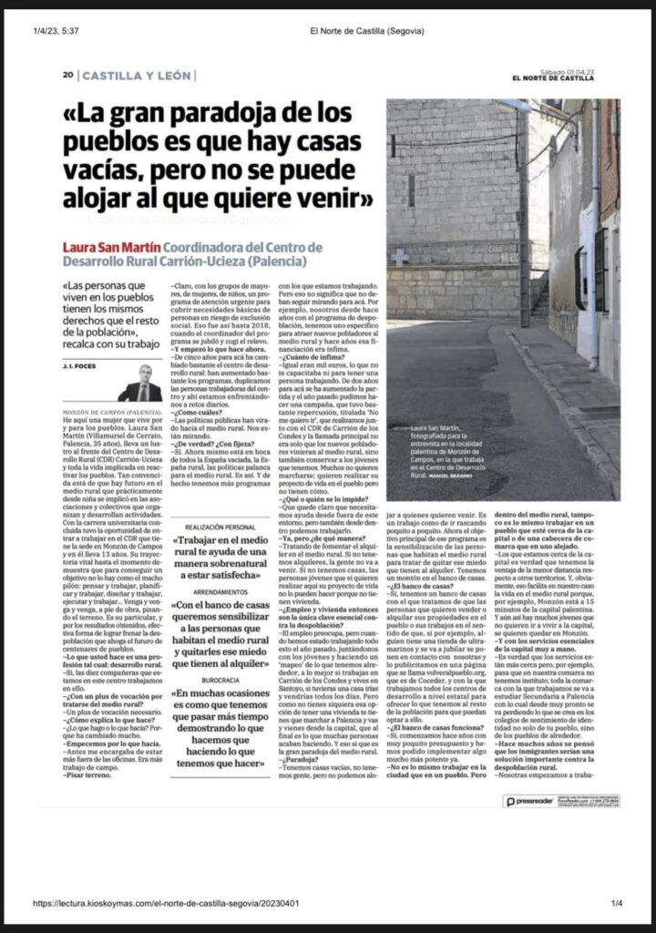 Pagina del periódico de Castilla y León con el artículo de la entrevista