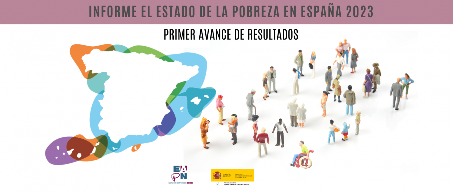 Portada (con un mapa y personas) del primer avanza del informa del resultado de la pobreza en España en 2023 