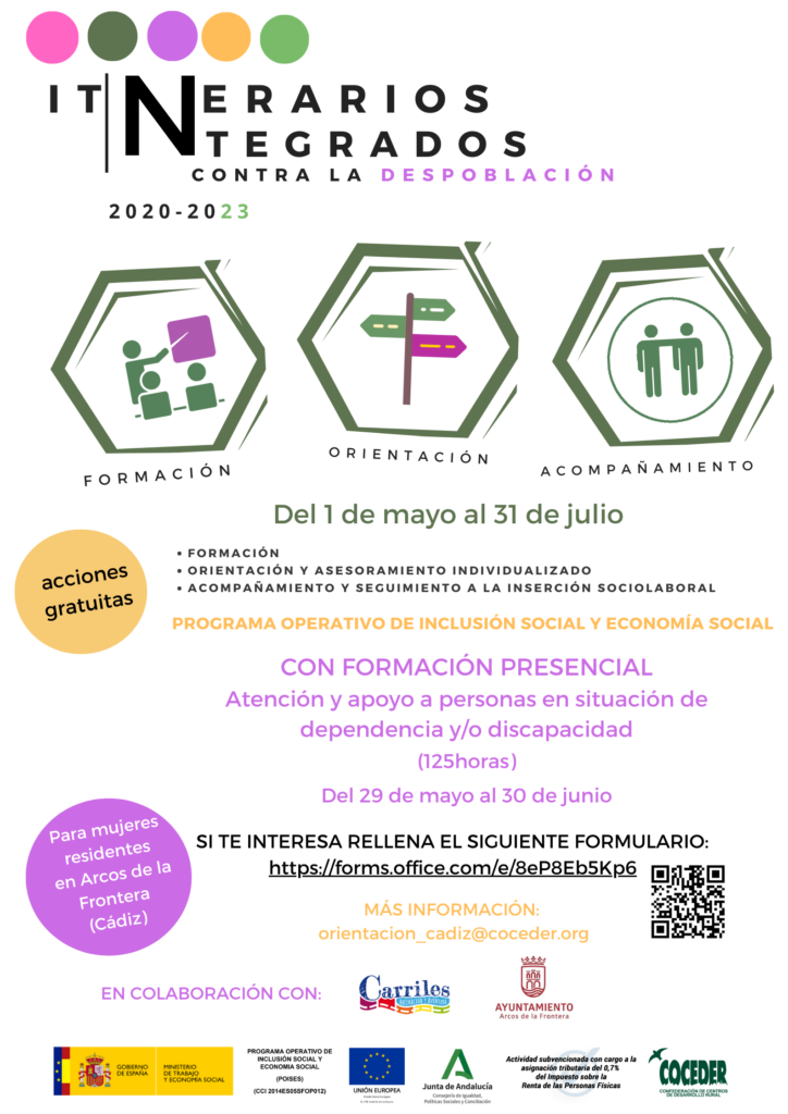 Cartel descriptivo del itinerario para mujeres residentes en Arcos de la Frontera con formación presencial sobre ayuda a la dependencia