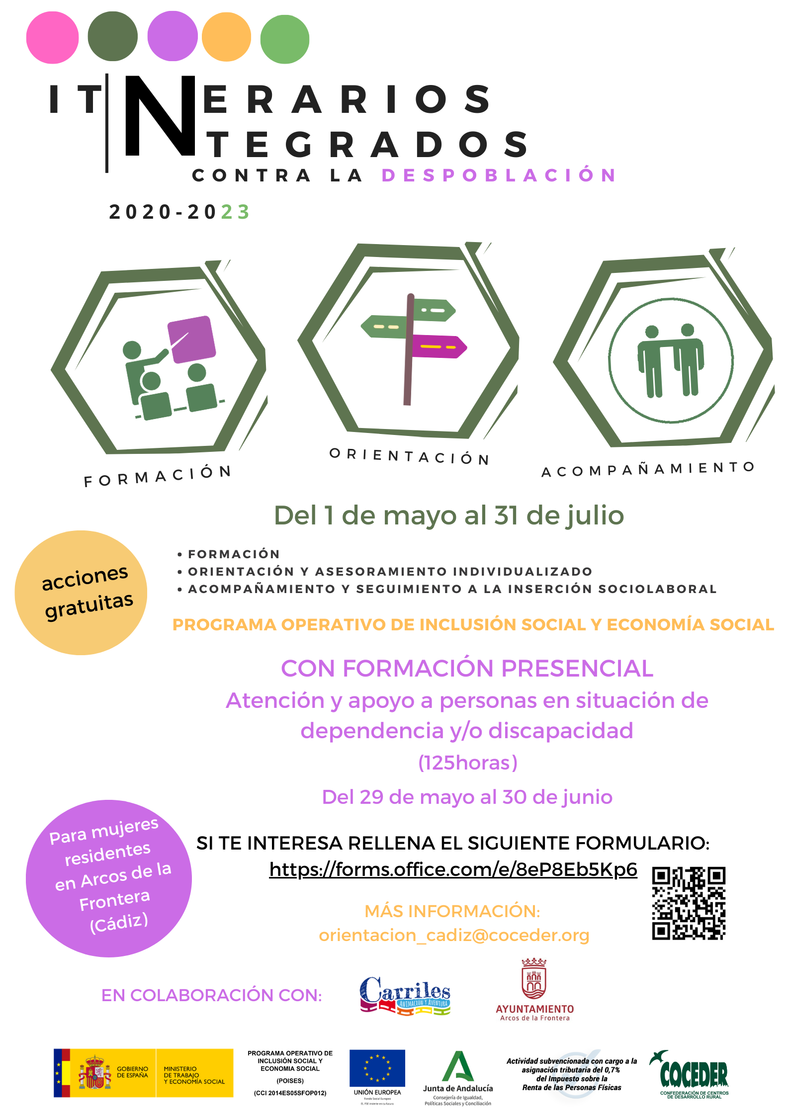 Cartel descriptivo del itinerario para mujeres residentes en Arcos de la Frontera con formación presencial sobre ayuda a la dependencia