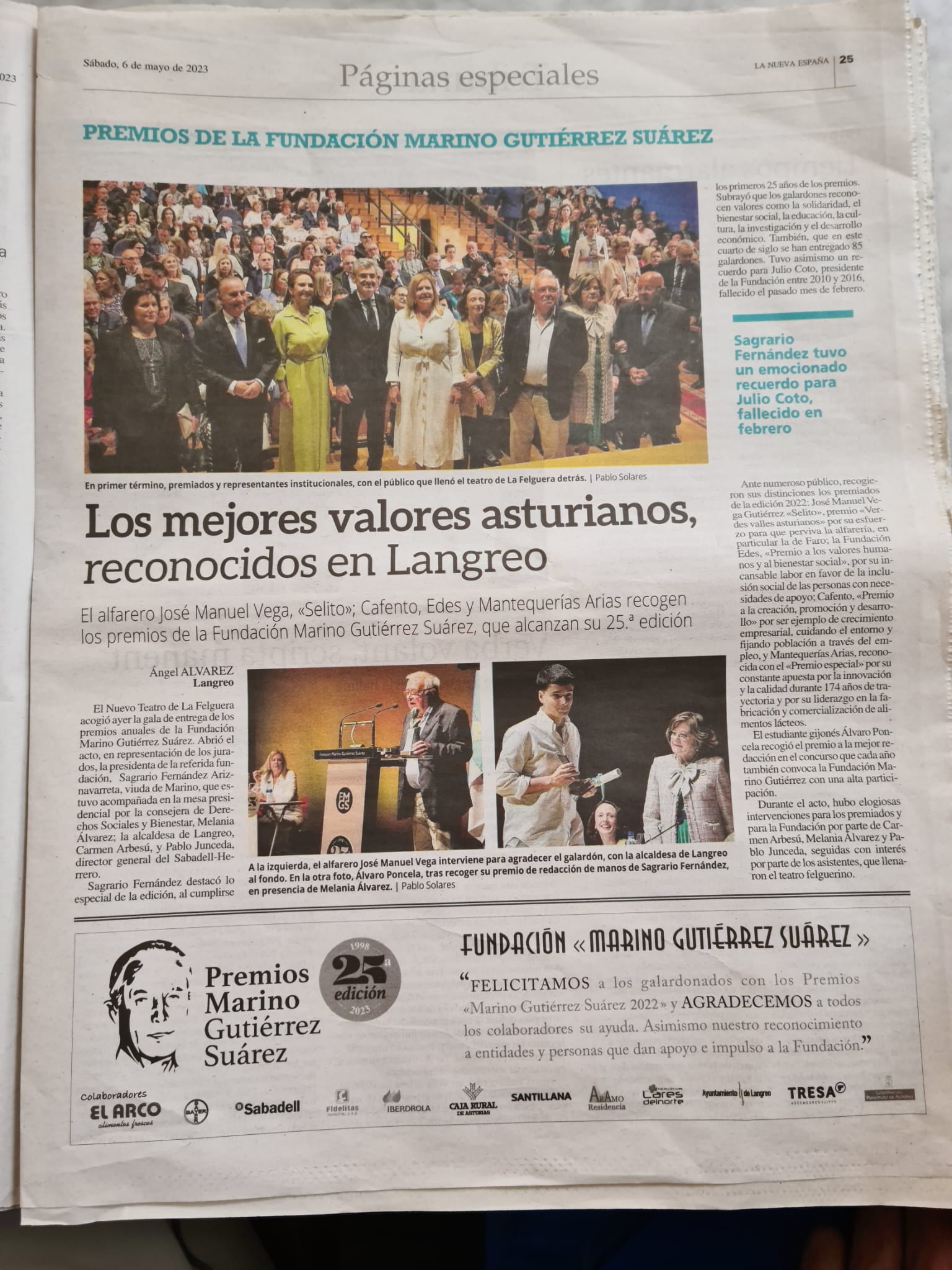 Hoja del periódico describiendo los premios de la Fundación Marino